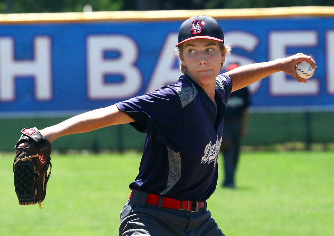 Rodney Harwood/Columbia Basin Herald
Moses Lake starter Kamden Kuykendall delivers to the plate during the first inning of Friday's championship game at the North Washington 14-year-old Babe Ruth state championship.