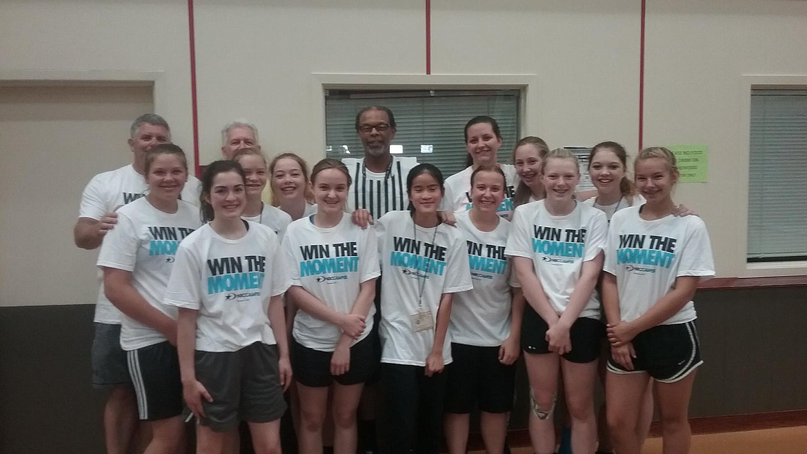 Courtesy photo
The North Idaho Christian School Royals girls basketball team recently attended the NBC basketball camp at Whitworth University in Spokane. The team placed first in its league&#146;s situational night (game situations) competition. In the front row from left are Karis Peters, Jolie Ward, Simone Johnson, Savannah Seeley, Courtney Monaghan and Kate Malinausias; and back row from left, assistant coach Mike Anderson, Katie Weed, head coach Jerry Bittner, Hailey Jo Parks, Leia Knight, NBC coach Danny Beard, Mary Schlader, Riley Jo Anderson and Trinity Knight. Not pictured are assistant coaches Jenny Lassan and Kylee Andrews.