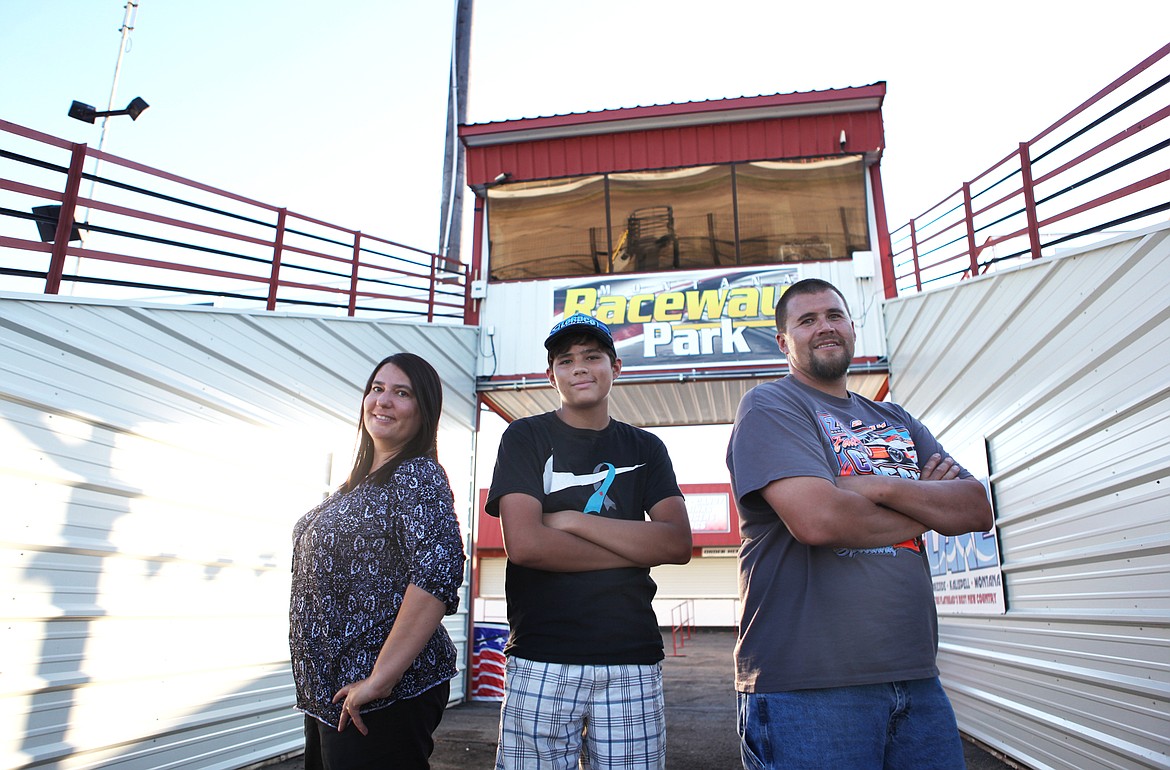 Jennifer Mitchell, Dustin Mitchell and Bill Mitchell, all of St. Ignatius, are pictured July 12 at the Montana Raceway Park in Kalispell. Dustin, a Type 1 diabetic, will race bandoleros this weekend. He is currently ranked second in the standings behind his sister, Courtney. (Mackenzie Reiss/Daily Inter Lake)