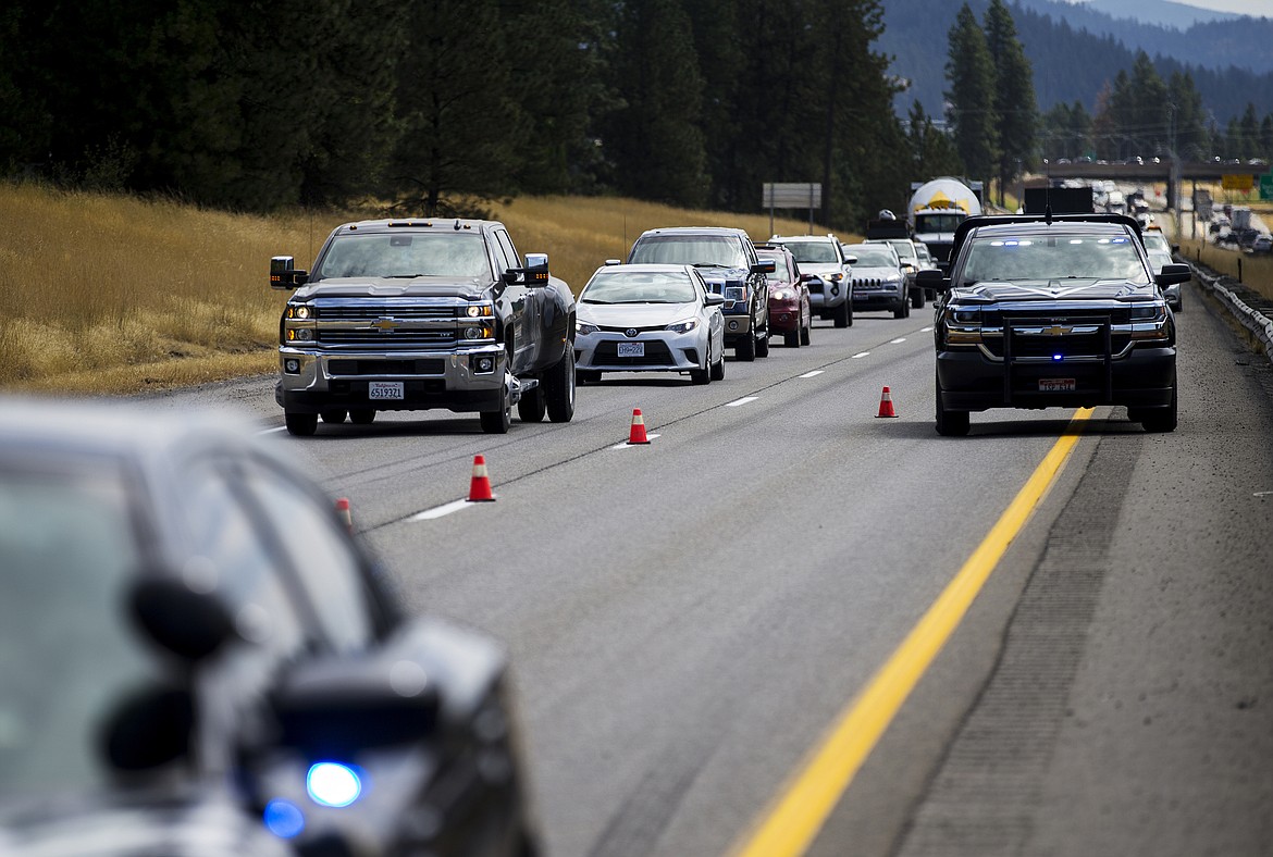 LOREN BENOIT/PressWestbound Interstate 90 is reduced to one lane after a multiple vehicle collision near the Atlas Road overpass Thursday morning. No injuries were reported.