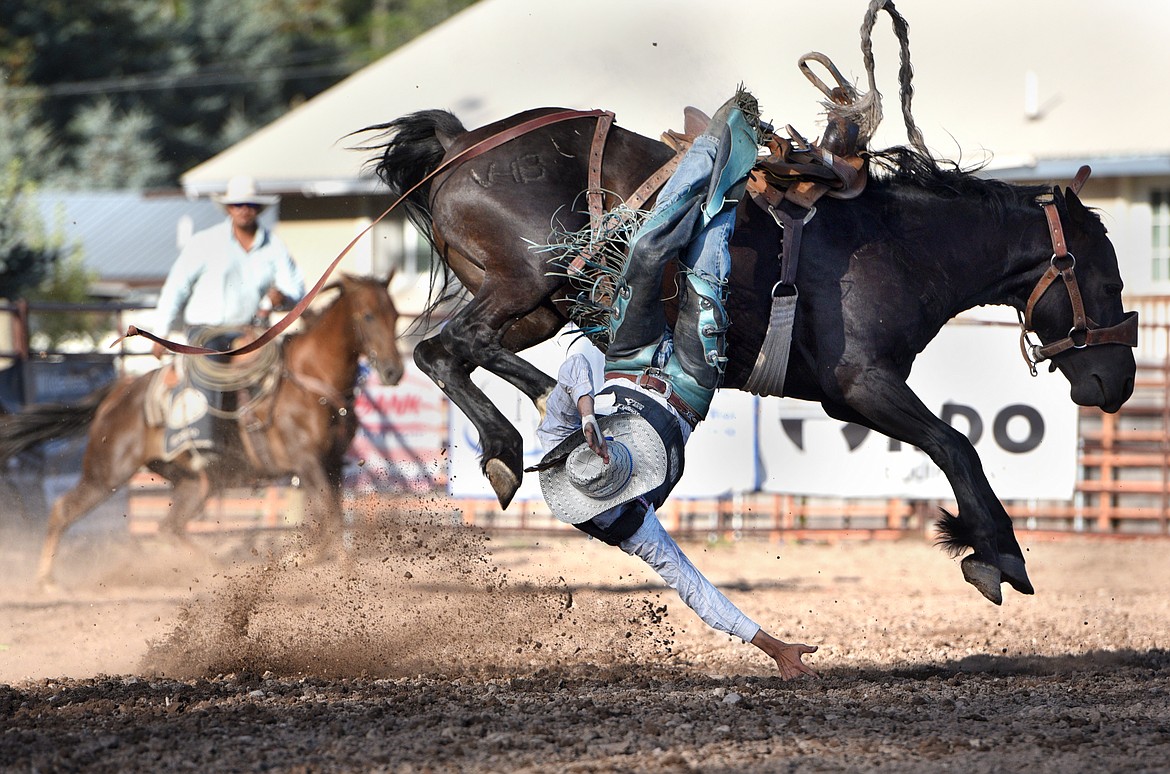 A saddle bronc rider flies through the air after being bucked at the Blue Moon Rodeo on July 20. (Aaric Bryan/Daily Inter Lake)