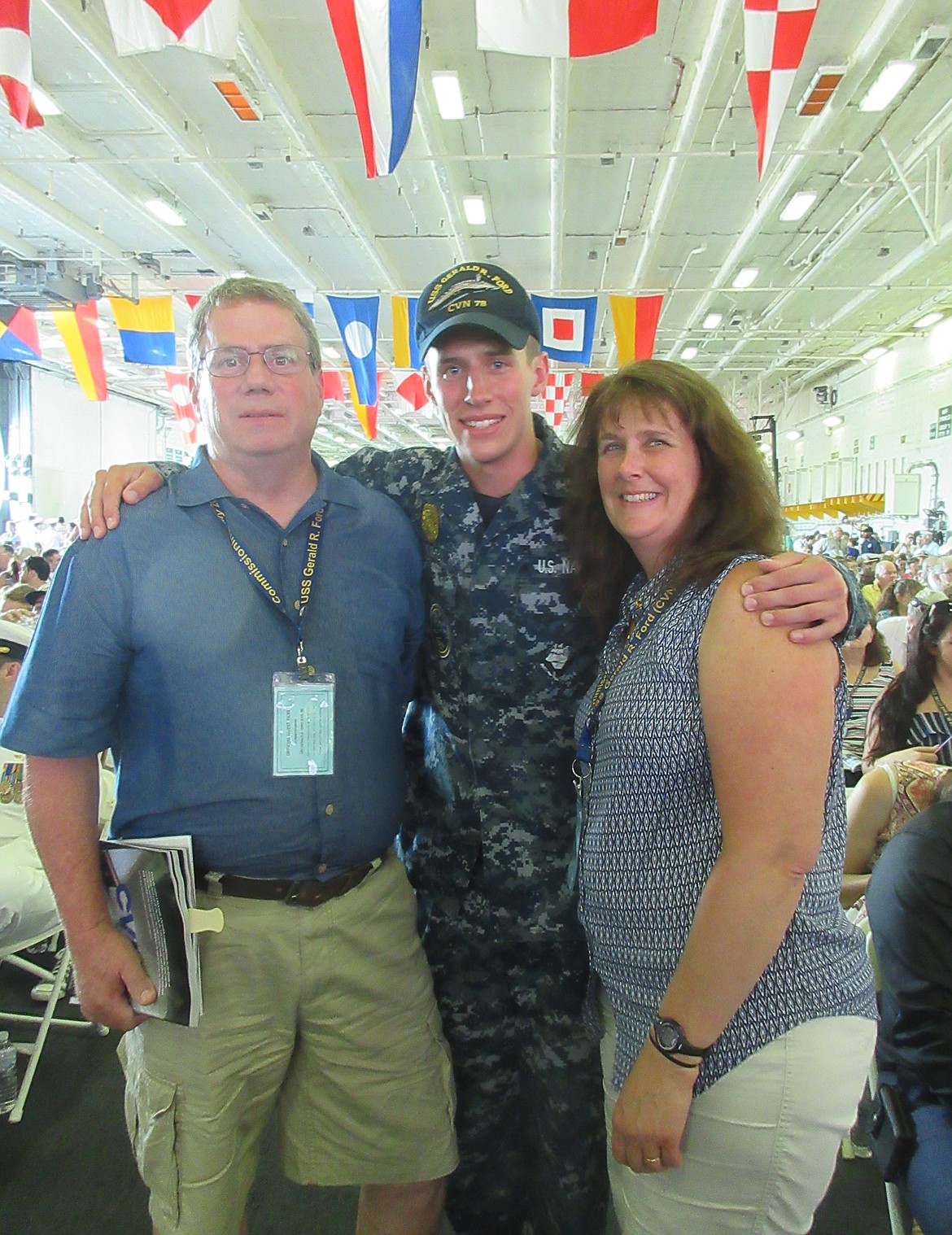 Courtesy photo
Donal and Cheryl Kirby, of Athol, flank their son, Shawn Kirby, while attending the commissioning ceremony for the USS Gerald R. Ford, the U.S. Navy&#146;s newest aircraft carrier. Shawn, a 2015 Timberlake High School graduate, serves aboard the ship.