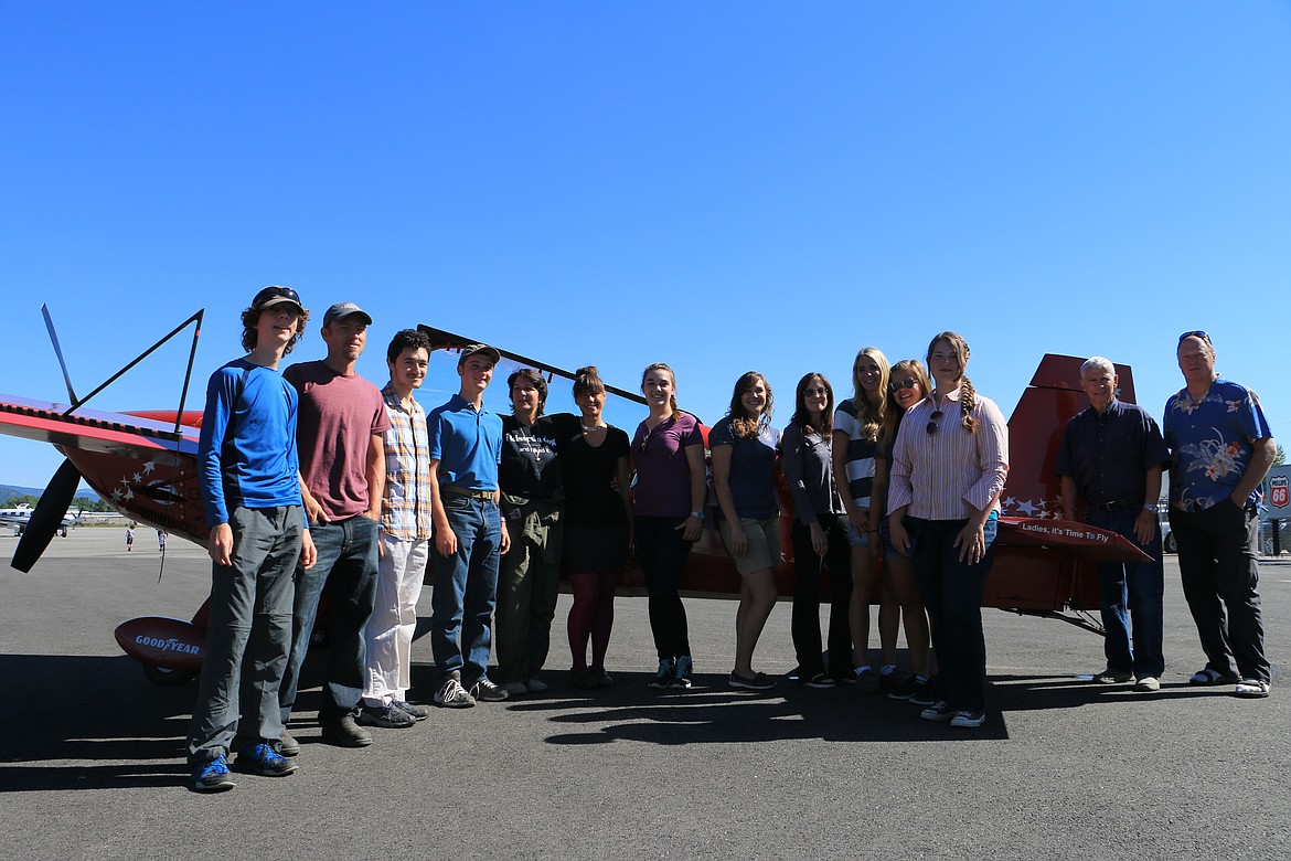 (Photo by MARY MALONE)
Aerobatic pilot Jacquie Warda paid a visit to students in the North Idaho High School Aerospace program, as well as their family members and few other pilots and aspiring pilots, at the Sandpoint Airport Monday.