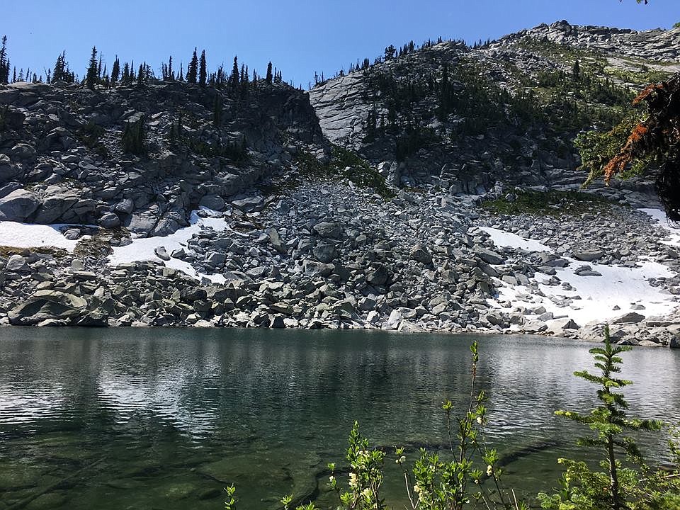 Photo by Jacob Bushnell
Photo taken by EMT, on the trail, en route to the injured hiker. This is lower Ball Lake, showing a scree field that is similar to the one the hiker was injured in.