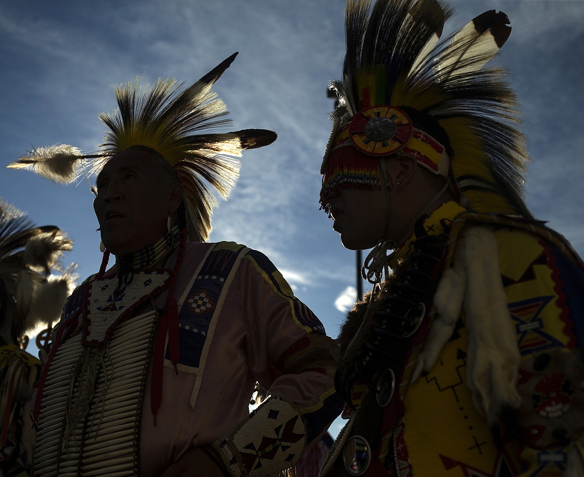 LOREN BENOIT/Press

Saul Jurado, right, of the Siletz Tribe, and Greg Redelk, of the Dakota Tribe, talk with one another before the start of the 2016 Julyamsh Powwow Grand Entry.