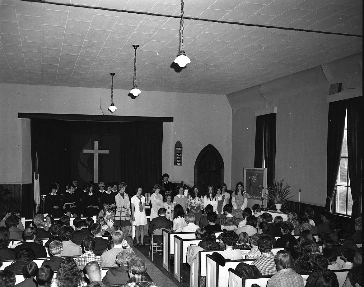 The last services in the old Methodist Church were held April 7, 1974 before the building was purchased and moved to its new location by R and A Heating Supply.