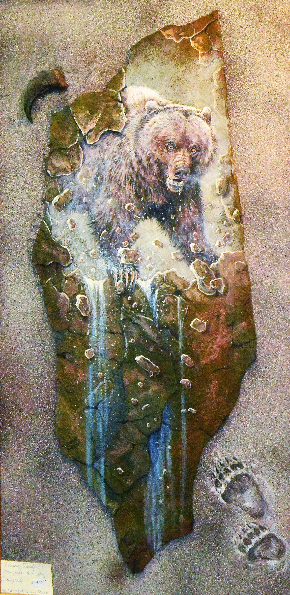 Shale Rock painting of Grizzly Bear, &#147;Bearly Tough&#148; another medium showcased by Ma Brown Robbins