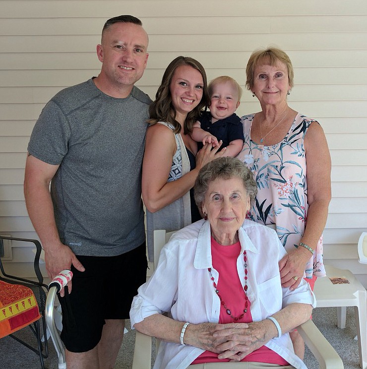 From left to right, Rob Sherar, Ashley Zierer, Grayson Lee Zierer, Marilyn Masterson and seated is great-great-grandmother Ethel Freligh.