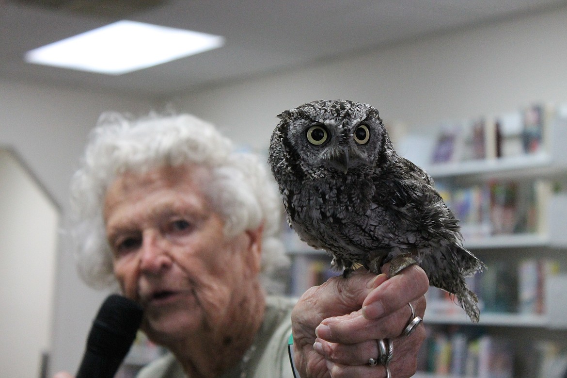 Charles H. Featherstone/Columbia Basin Herald

Doris Mager, &#147;The Owl Lady,&#148; shows off Impy, a screech owl, to a group of kids and adults Tuesday morning. Most of Impy&#146;s left wing is gone, and the bird cannot fly.