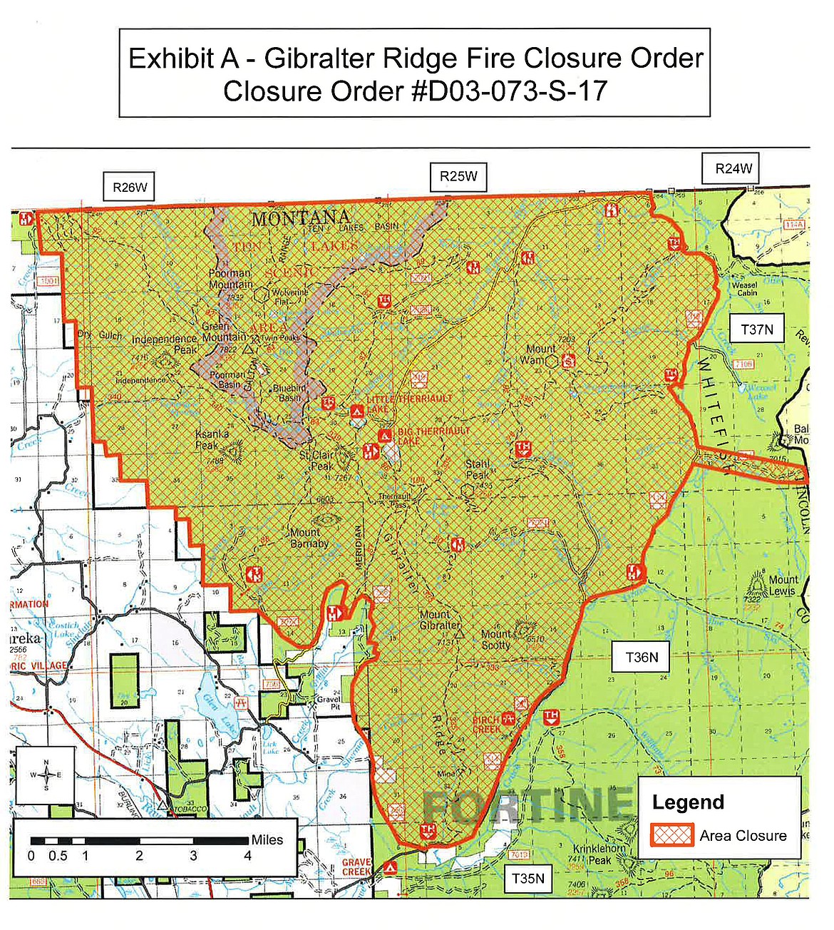 The area denoted by the red hatch marks is what the Forest Service has closed to public use. (Photo courtesy the Forest Service)