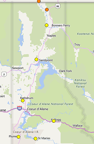 Photos courtesy of DEQ/
As of 5 p.m. on 8/7, a snapshot of North Idaho on DEQ’s real-time air monitoring map. The Silver Valley is not alone in its “moderate” rating.