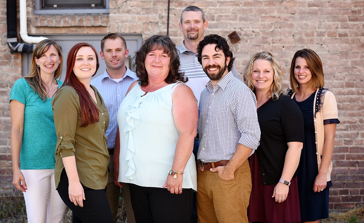 From left, row one: Bitta Joy, Carla Rose and Trevor Goner (who volunteer as a Big Brother or Big Sister), row two: Nancy Easley, School Match Coordinator, Jesse Mahugh, Executive Director, Cameron Egbert, Board Vice President, Kim Anderson, Community Match Coordinator, and Teryn Waldenberg, Board President, won the Best Nonprofit category of the 2017 Best of the Flathead Poll.&#160;(Brenda Ahearn/Daily Inter Lake)