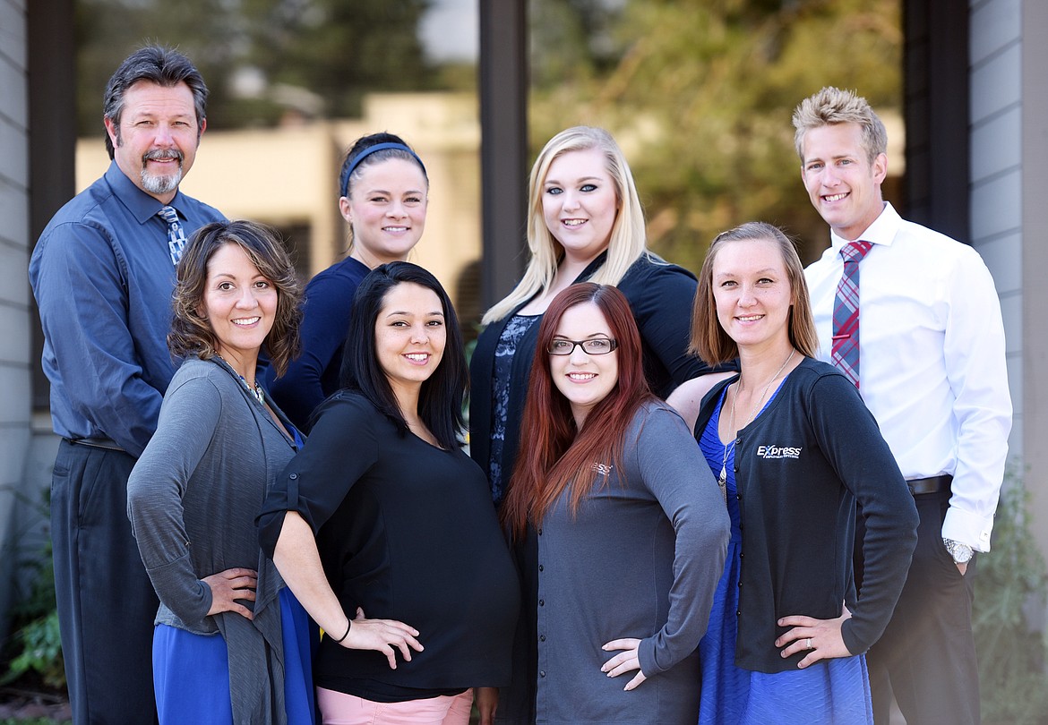 From left, row one: Amelia Gonzalez, Mariah Fauth, Shayna Witheril, Kristina Courtright, row two: Sam Hood, Kendra Hedges, Cassy Henry, and Jordan Nelson of Express Employment Professionals winners of the Best Employment Agency category of the 2017 Best of the Flathead Poll.&#160;(Brenda Ahearn/Daily Inter Lake)