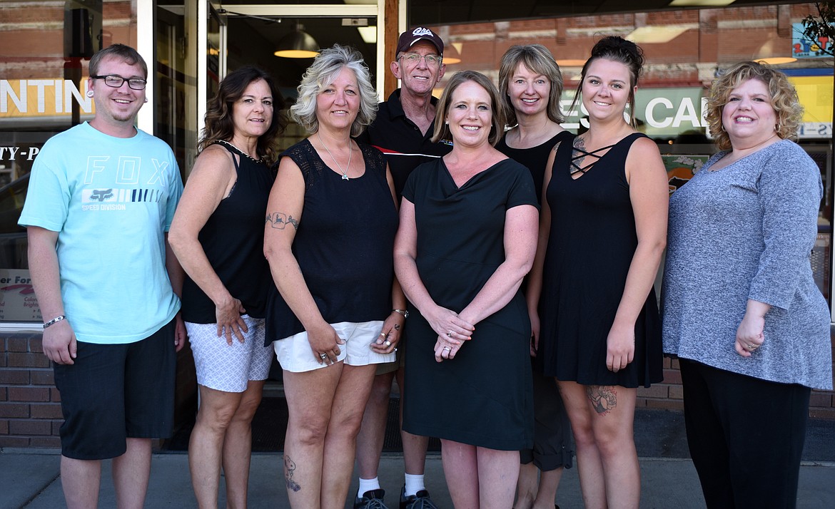 The staff at Insta Prints from left, Josh Stanton, Michelle Johnson, Lorie Stanton, Scott Foster, Robyn Hall, Tamara Williams, Kelsey Stanton, and Andi Stocklin winners of the Best Local Copy Shop/Printer category of the 2017 Best of the Flathead Poll.&#160;(Brenda Ahearn/Daily Inter Lake)