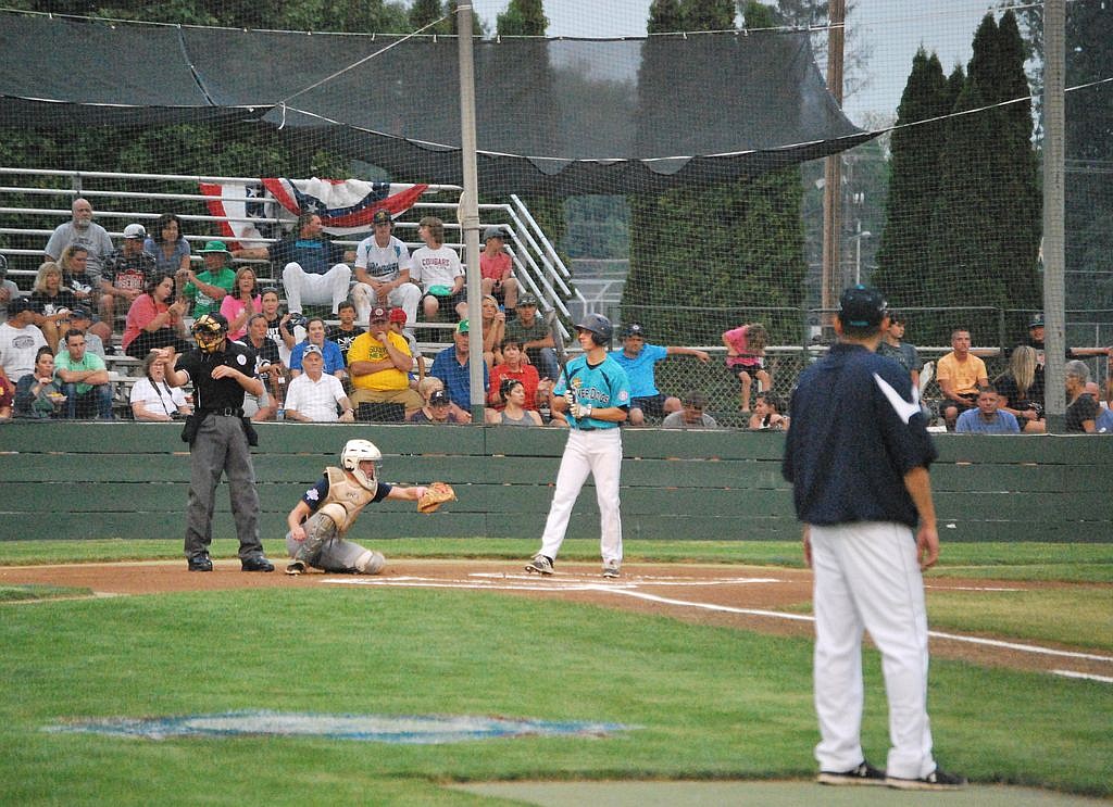 Bob Kirkpatrick/The Sun Tribune - Columbia Basin River Dogs Joe Taylor isn't so keen on the called strike by the home plate ump.