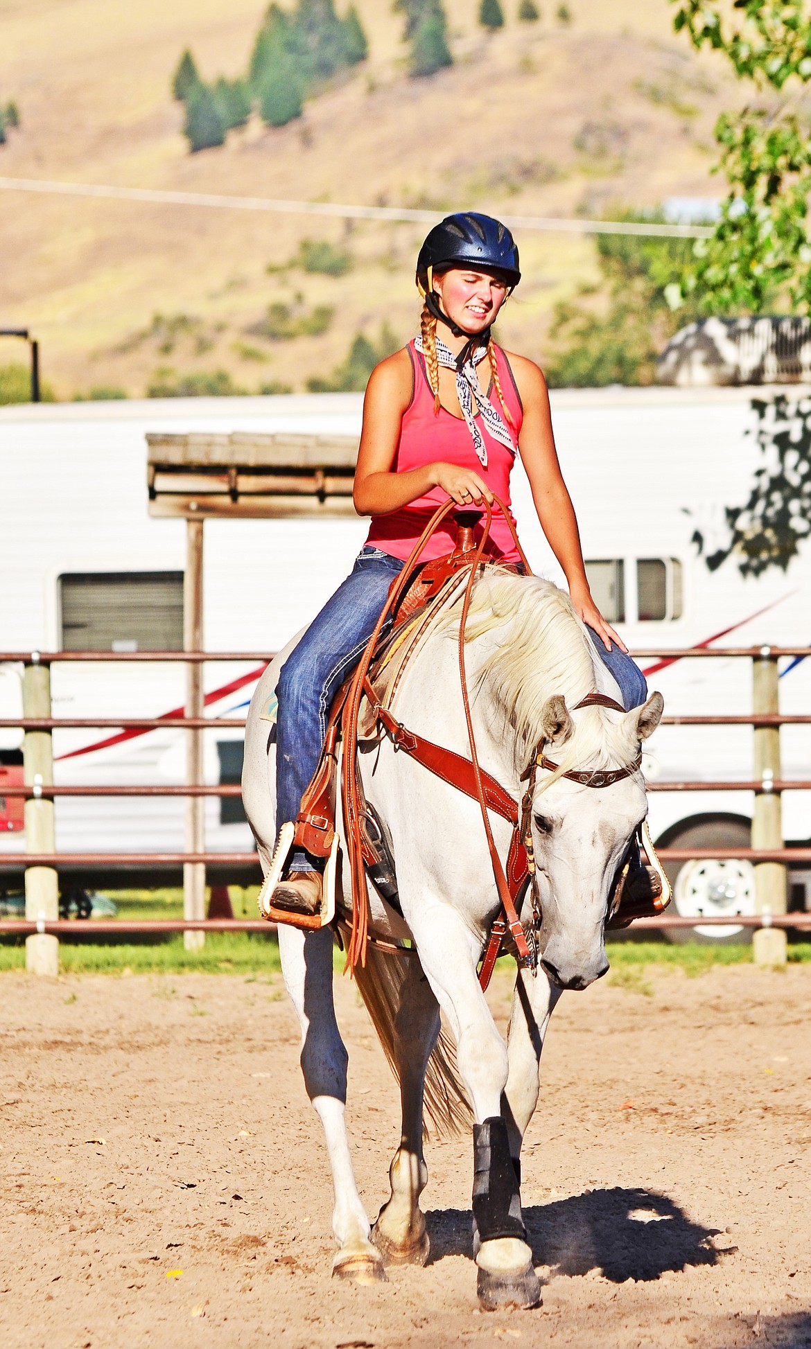 Thompson Falls 4-H rider Jessica Brahner moving through the western pleasure paces during warm up on her horse, Ben. (Erin Jusseaume/Clark Fork Valley Press)