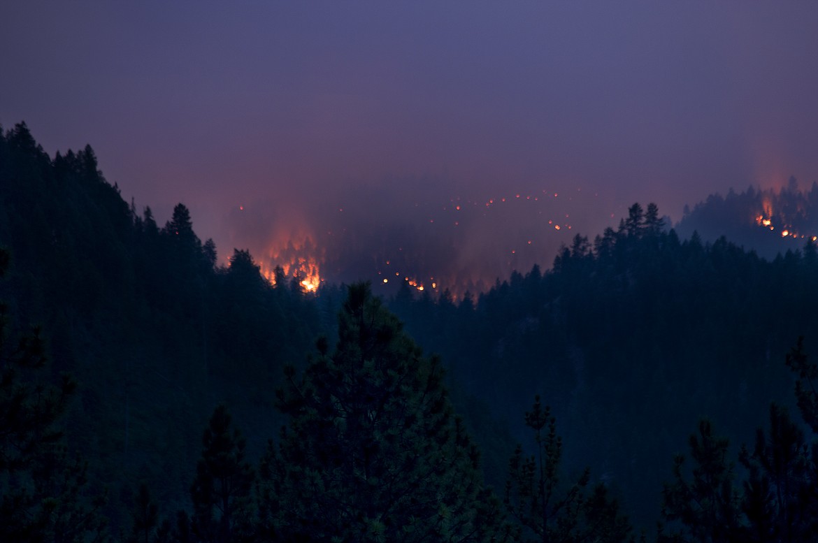 The Sunrise Fire burns in the Lolo National Forest near Superior Saturday evening. (Jeremy Weber/Mineral Independent)