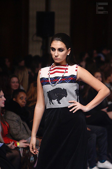 A model walks down the runway at New York Fashion Week Feb. 10 sporting one of Belinda Bullshoe’s creations. (Courtesy of Belinda Bullshoe)