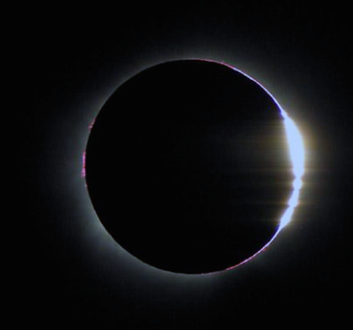 (Photo courtesy ARNE DANIELSON/NASA)
Sunlight peeks through the low points on the moon&#146;s jagged edge during the 2002 total solar eclipse, creating a phenomenon known as Baily&#146;s Beads.