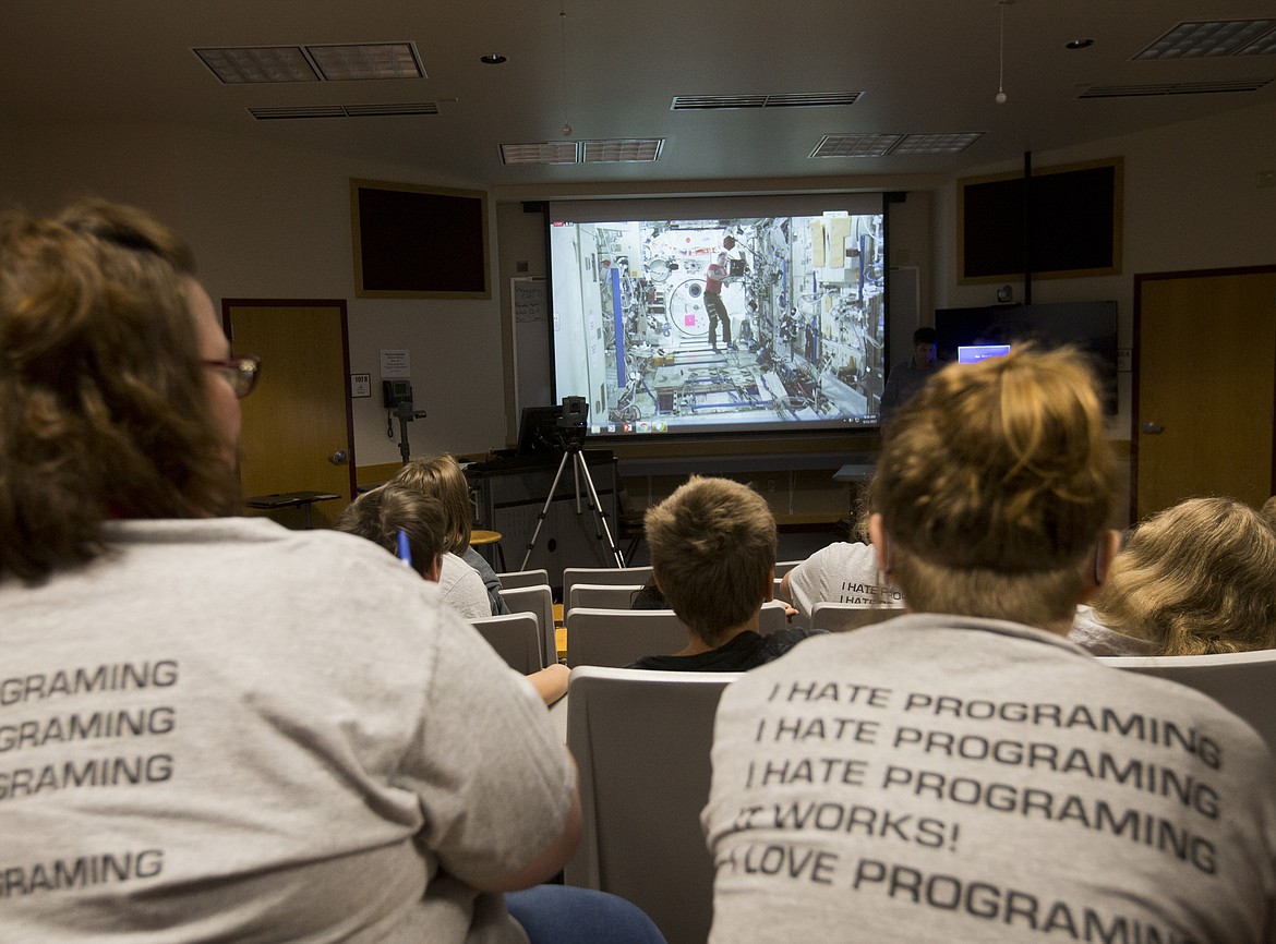 (LOREN BENOIT/Hagadone News Network)
Students in the Zero Robotics program watch a live international space station broadcast at North Idaho College during the Zero Robotics Middle School Summer Program finals on Friday.