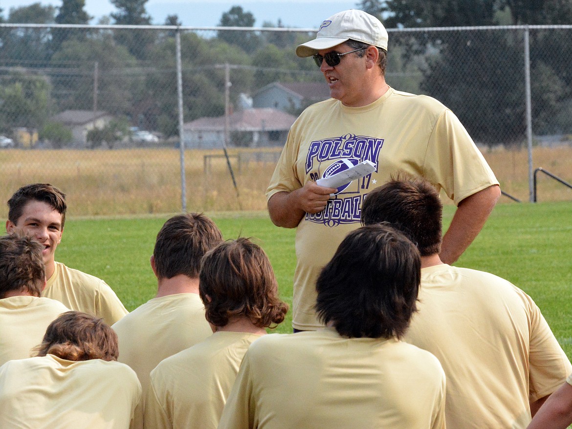 POLSON PIRATE coach Pat Danley talks to his team. Danley, who replaced Scott Wilson after 17 years, will get his team ready for his first-ever season as a head coach. (Jason Blasco/Lake County Leader)