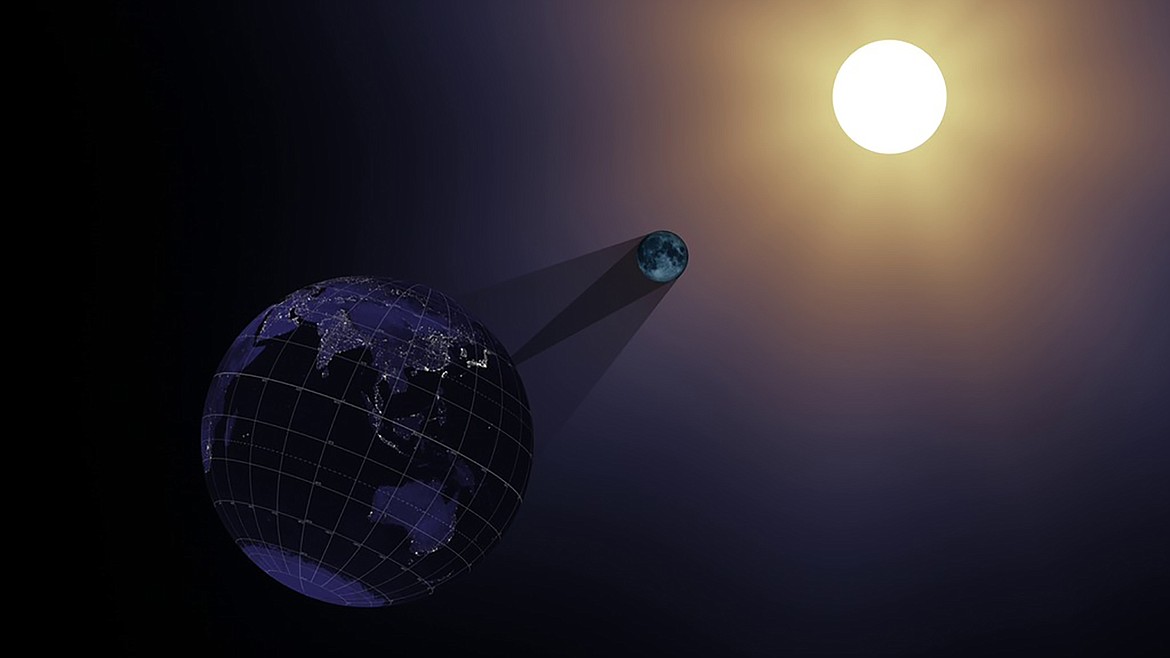 The Moon will move directly between the Sun and Earth Monday, casting a shadow on our planet. Those in the dark part of that shadow (the umbra), will see a total eclipse. (NASA images)