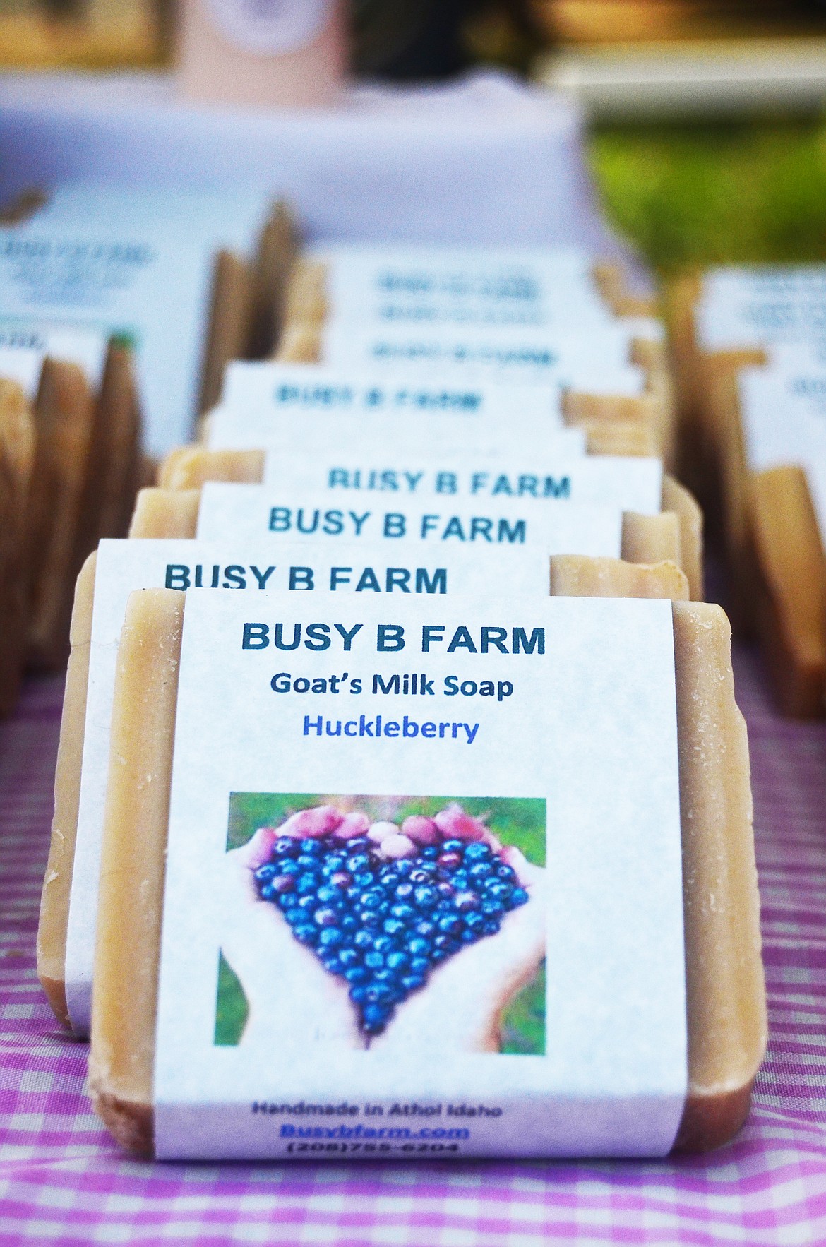 Many great huckleberry products were on display in Trout Falls this weekend, incluing soap from Tina Bothwell of Busy B Farms.(Erin Jusseaume/Clark Fork Valley Press)