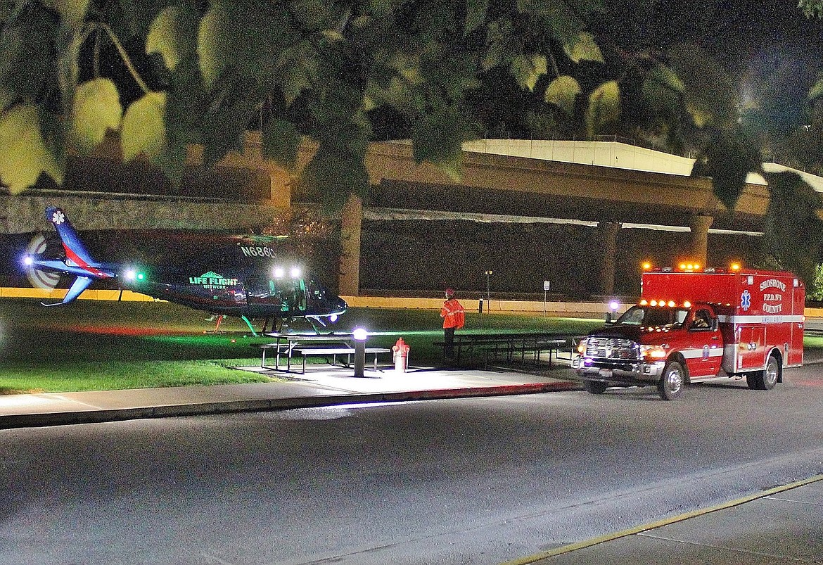 Photo courtesy of the Wallace Chamber of Commerce Facebook page/ 
The Life Flight helicopter touched-down at Wallace High School before heading toward Silverton.