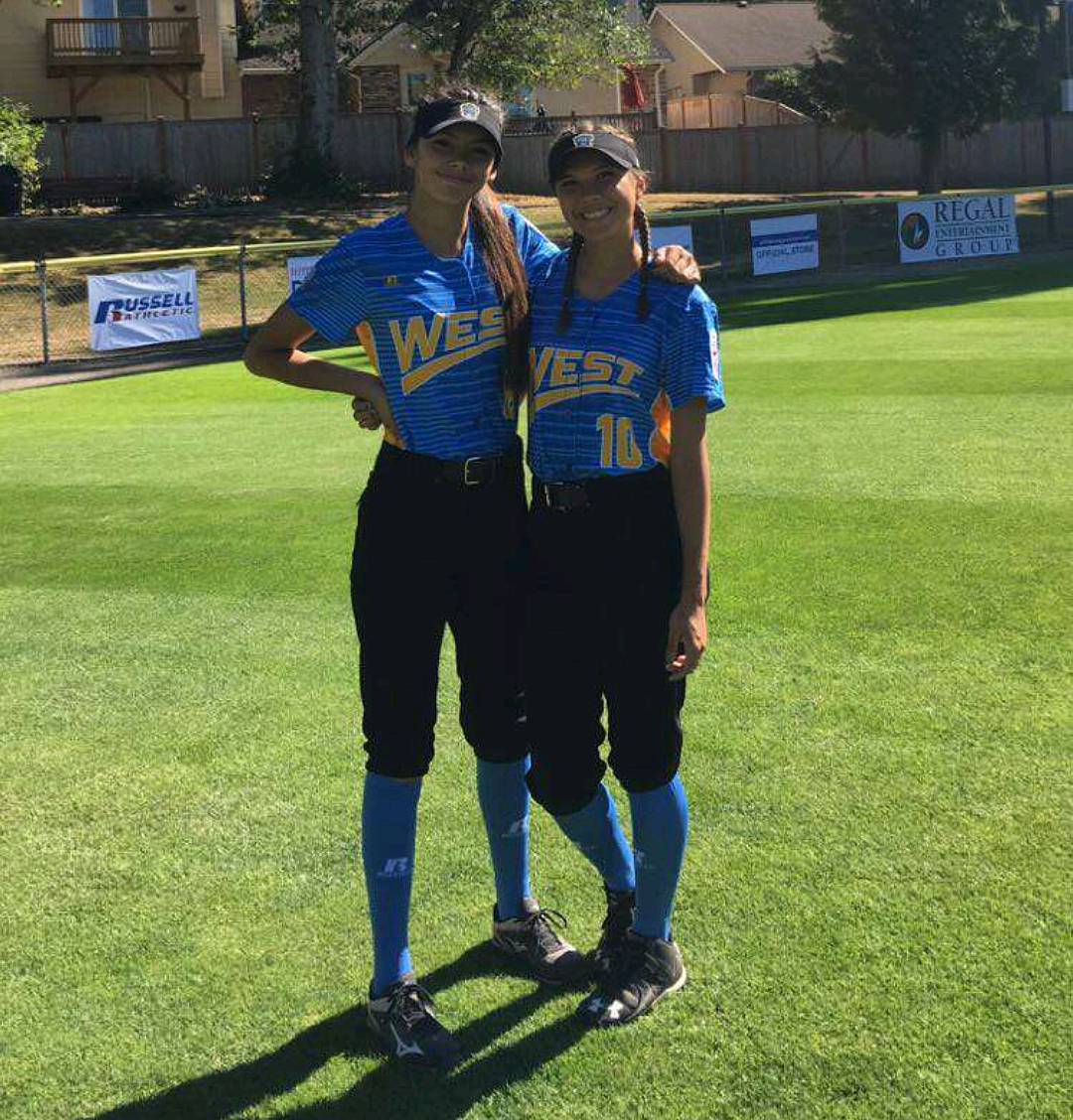 MISSION VALLEY players Destiny Manuel and Josie Caye pose for a photo. The two teammates qualified for the Little League World Series. (photo courtesy of Bethany Manuel)