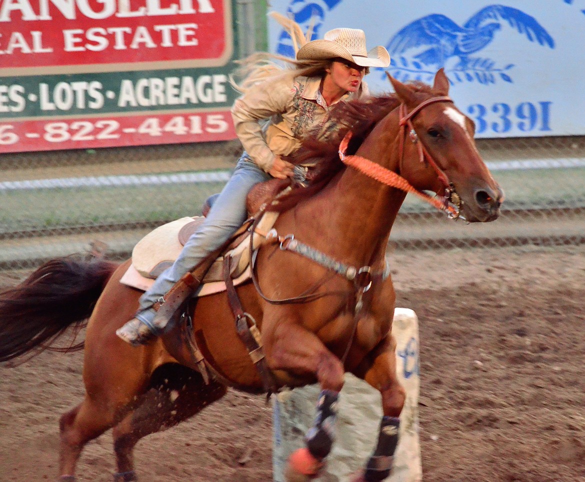 Cowgirls from all over Montana joined in barrel racing during the rodeo at the Mineral County Fair earlier this month. (Erin Jusseaume/Clark Fork Valley Press).