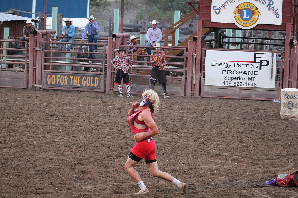 Danger Dave did his best impersonation of Pamela Anderson in her TV role on Baywatch during a break in rodeo action. (Kathleen Woodford/Mineral Independent).