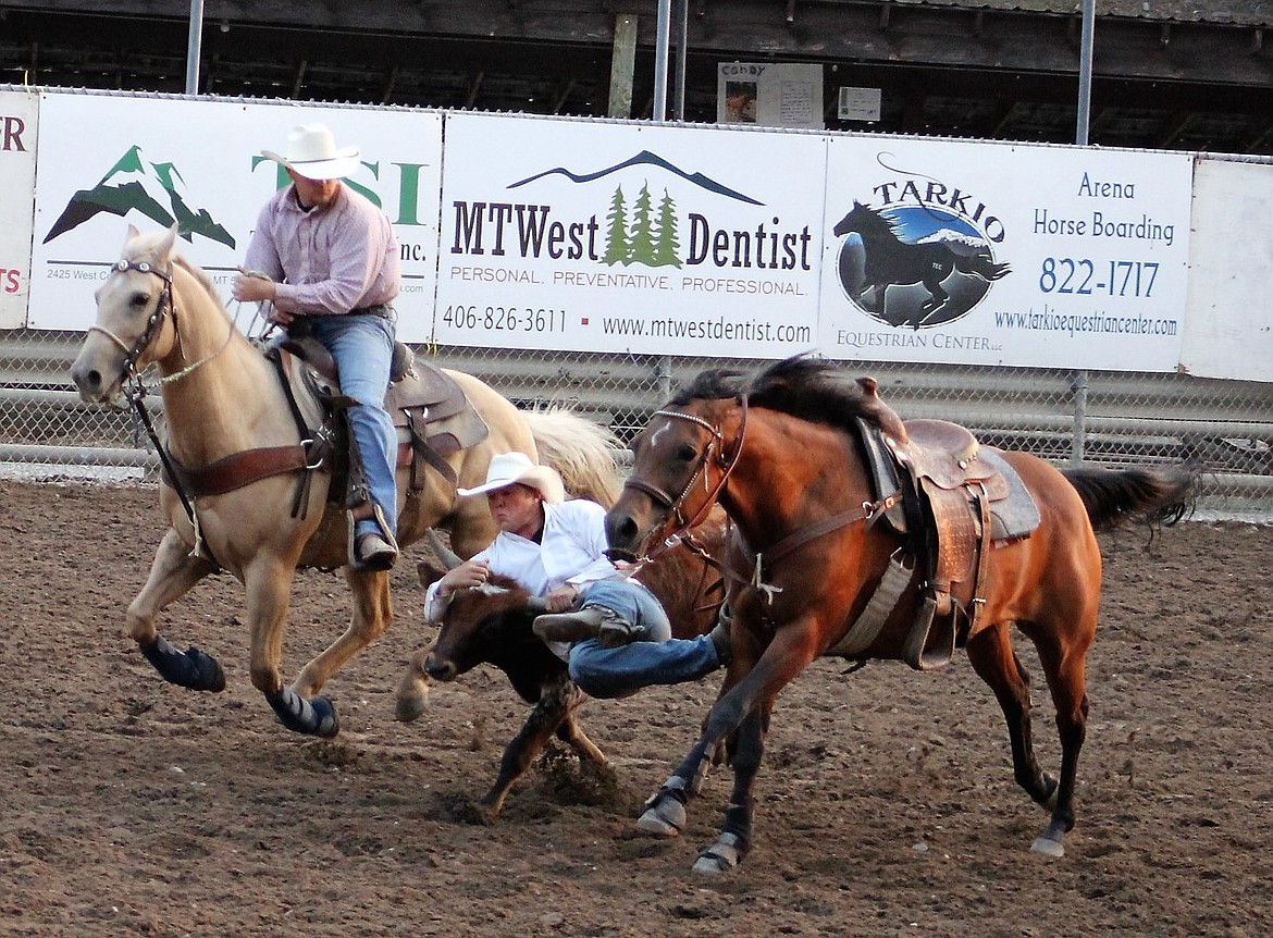 A cowboy takes his turn during steer wrestling at the Mineral County Fair on Aug 5. (Kathleen Woodford/Mineral Independent).