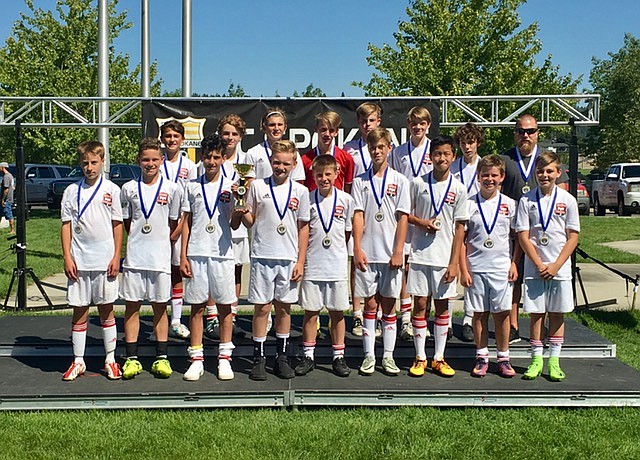 Courtesy photo
The Sting Timbers FC &#146;04 boys soccer team won the under-14 boys division at the River City Challenge last weekend in Spokane. On Friday the Sting Timbers defeated Cheney Storm 04B 7-0. On Saturday afternoonthey  defeated the Sandpoint Strikers FC 7-0. On Saturday evening the defeated Washington East 04 5-0. On Sunday morning the defeated the North Idaho Inferno &#146;04 1-0 in the championship game. Goals scored for the Sting Timbers &#151; Alex Reyes 3, Noah Janzen  5, Bryce Allred 3, Evan Lowder 1, Jameson Elliot 2, Malachi Hutchens-Cohen 1, Kohrt Weber 2, Cole Daricek 2. Assists: Bryce Allred 3, Cole Daricek 2, Noah Janzen 1, Evan Lowder 1, Alex Reyes 2, Jameson Elliot 1, Devyn Ivankovich 1. Shutouts by keepers Devyn Ivankovich, Sean Dremann, Jameson Elliot and Andon Brandt. In the front row from left are Nicholas Mason, Byron Anderson, Alex Reyes, Bryce Allred, Andon Brandt, Noah Janzen, Patrick Du, Sean Dremann and Andrew Allen; and back row from left, Malachi Hutchens-Cohen, Kohrt Weber, Jack Shrontz, Devyn Ivankovich, Jameson Elliot, Nikolas Nowak, Cole Daricek and coach Kasey Laffoon.