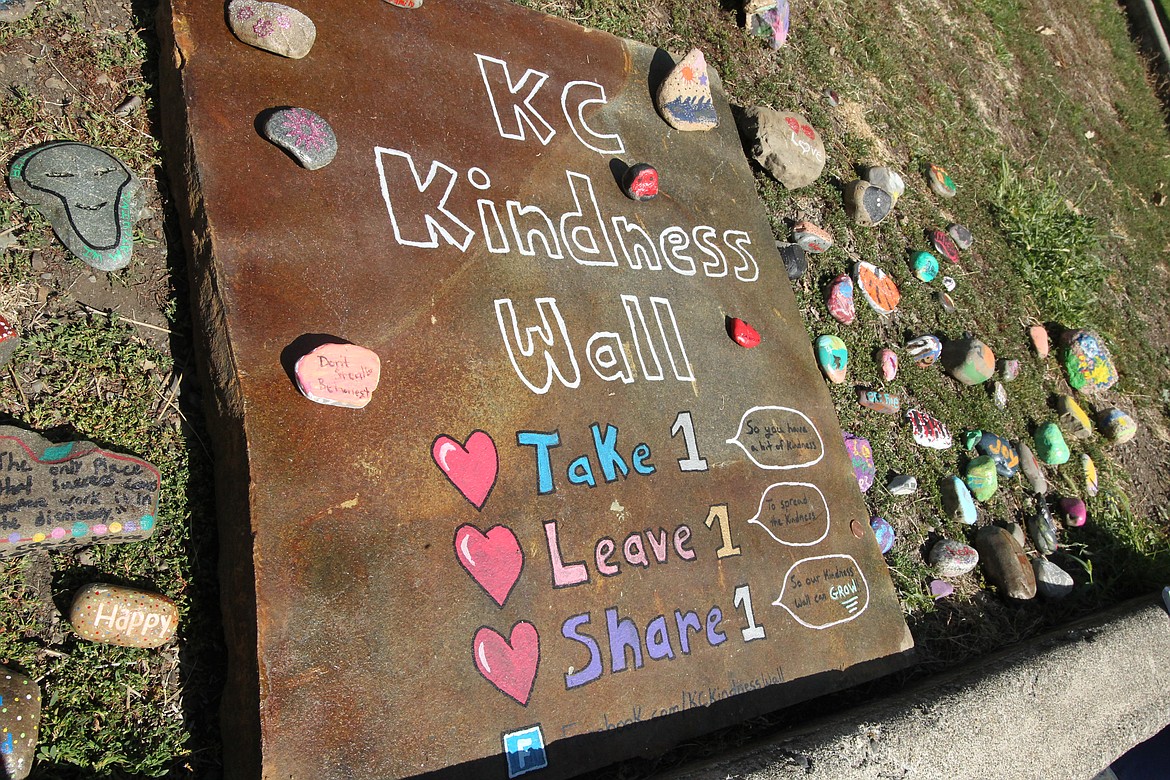 DEVIN HEILMAN/Press
The new Kootenai County Kindness Wall in White Pine Park in Post Falls is a location where people of all ages and abilities can take or leave a painted rock. Winn Koehler, a Post Falls mom, arranged the area on an old retaining wall that used to house plants and a flagpole. She created the area to make hiding/finding painted rocks easier for small children and disabled individuals.