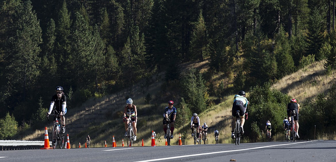 LOREN BENOIT/Press

Athletes head north and south on a scenic section of U.S. 95 during Ironman Coeur d&#146;Alene on Sunday.