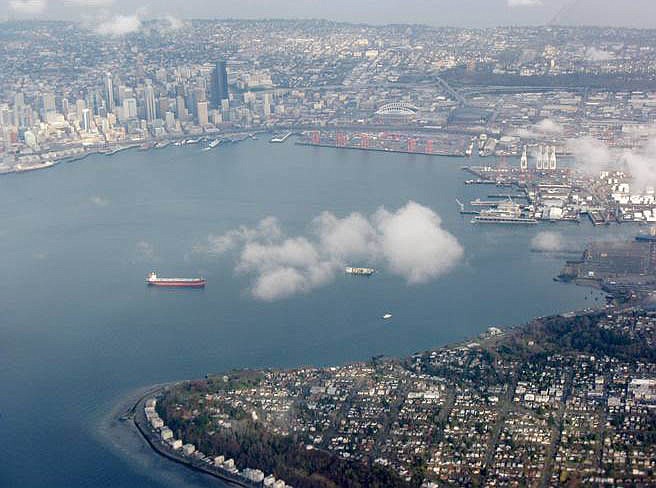 WIKIMEDIA COMMONS
Elliott Bay, Seattle, today where the USS Decatur&#146;s guns defended settlers and Indians against other attacking Indians in Battle of Seattle (1856).