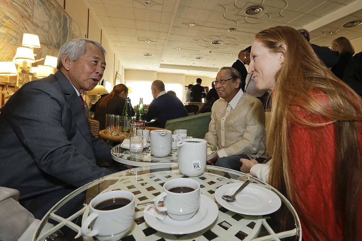 AP Photo/Andrew Medichini
From left, Philippines Foreign Minister Perfecto Yasay, National Democratic Front of the Philippines, NDFP, leader Jose Maria Sison, and Norwegian Special Envoy Elisabeth Slattum, have coffee prior to the formal opening of the Philippines peace talks in Rome, Jan. 19.