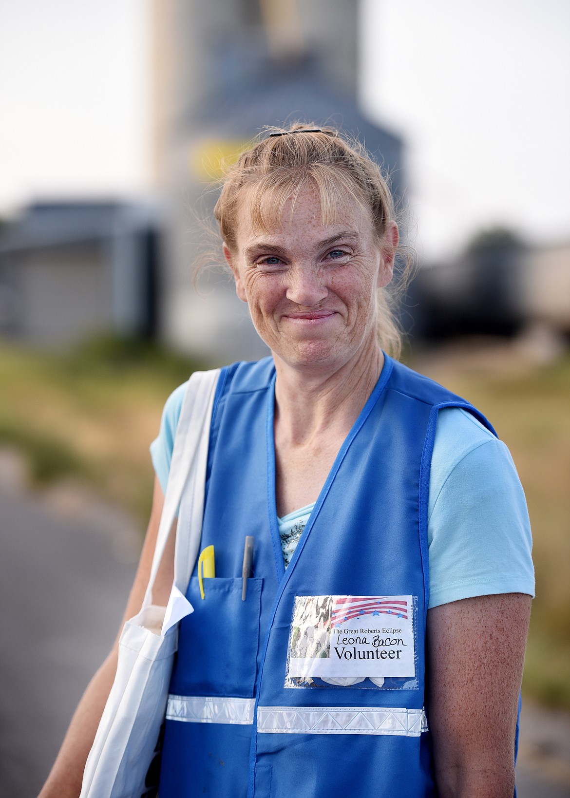 Leona Bacon is a volunteer with the City of Roberts. As people came into town Leona was there with information on parking, camping, options for hotel rooms. She wore a vest which read: The Great Roberts Eclipse. Bacon decided to volunteer because she wanted to be active in the community. &#147;I really like how everyone is loving our small town,&#148; said Bacon. &#147;People from Arizona, Utah, New York, Canada, California, they are all saying that they just love it.&#148;
(Brenda Ahearn/Daily Inter Lake)