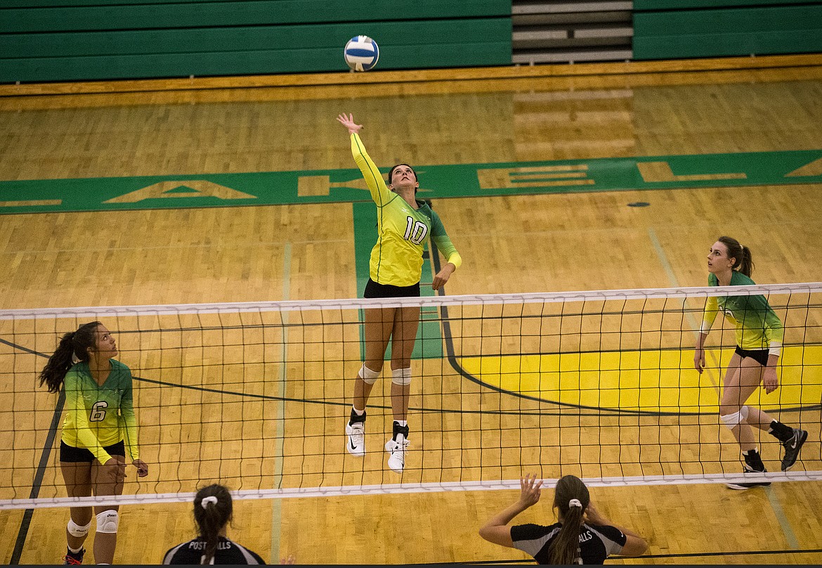 LOREN BENOIT/Press
Lakeland&#146;s Mattisyn Cope hits from the back row during a match Thursday evening against Post Falls at Lakeland High.