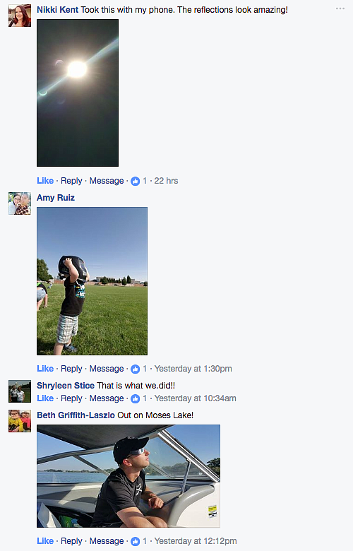 Columbia Basin Herald Facebook page - The above photo collage and comments shows the excitement readers shared about the solar eclipse.