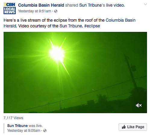 Columbia Basin Herald Facebook page - A screenshot of the live video feed from the Herald's roof attracted a combined total of 7,117 viewers to the Herald's and Sun Tribune's Facebook pages.