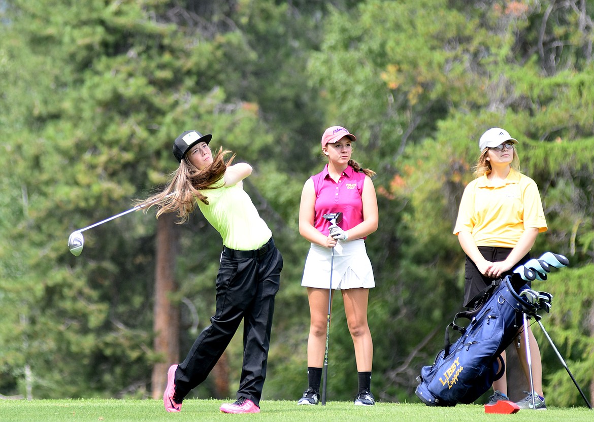 Gracie Young tees off during the Northwest A Golf Kickoff at Whitefish Lake Golf Club last week. (Daniel McKay photos/Whitefish Pilot)