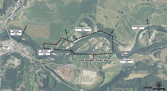 Courtesy Photo
Lower Meander Project area with previous year&#146;s Kootenai River Habitat Restoration Program projects (year of construction).