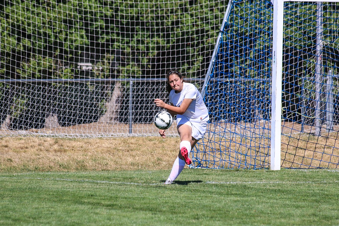 Photo by Mandi Bateman
Badger keeper Emily Sanchez starts the offense with a goal click bomb in the Badgers' friendly against a solid opponent from Kalispell.