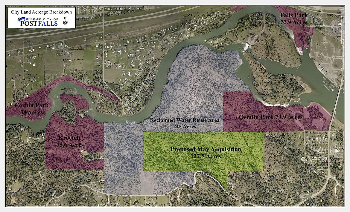 Map courtesy of city of Post Falls
This map shows where the 128-acre property Post Falls purchased for future land application and parkland is compared to a 245-acre piece it bought for such purposes last year as well as the city&#146;s parks. The May property approved by the City Council on Tuesday night is in the lower center of the photo. It is between the Spokane River and West Riverview Drive.