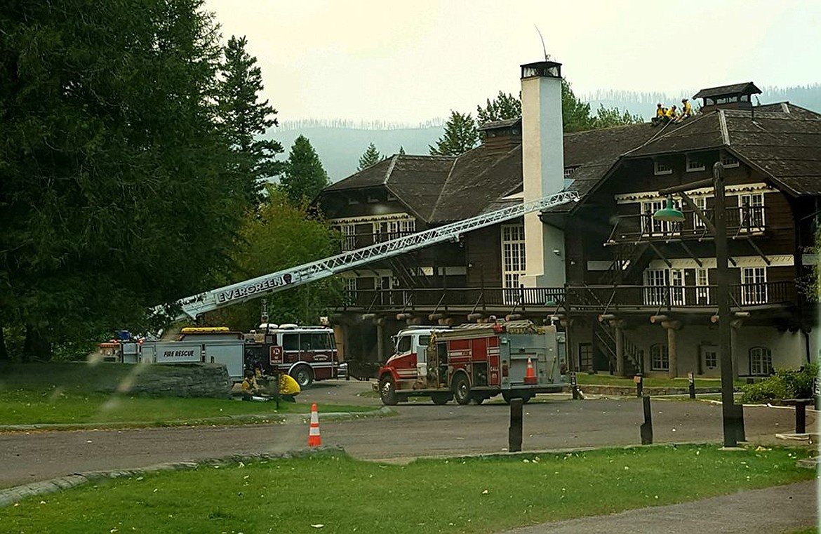 Regional fire departments, including Evergreen, Bad Rock, West Valley and Coram-West Glacier assisted Monday in structural protection at Lake McDonald Lodge. According to Glacier National Park&#146;s Facebook page, &#147;fire has not reached the lodge, but every precaution is being taken.&#148; (Photo courtesy of Glacier National Park via Facebook)