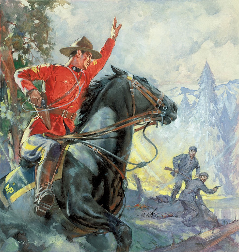 Painting by JAMES EDWIN MCCONNELL (1903-1995)
The Royal Canadian Mounted Police brought law and order to a vast and wild part of North America, starting in 1873.