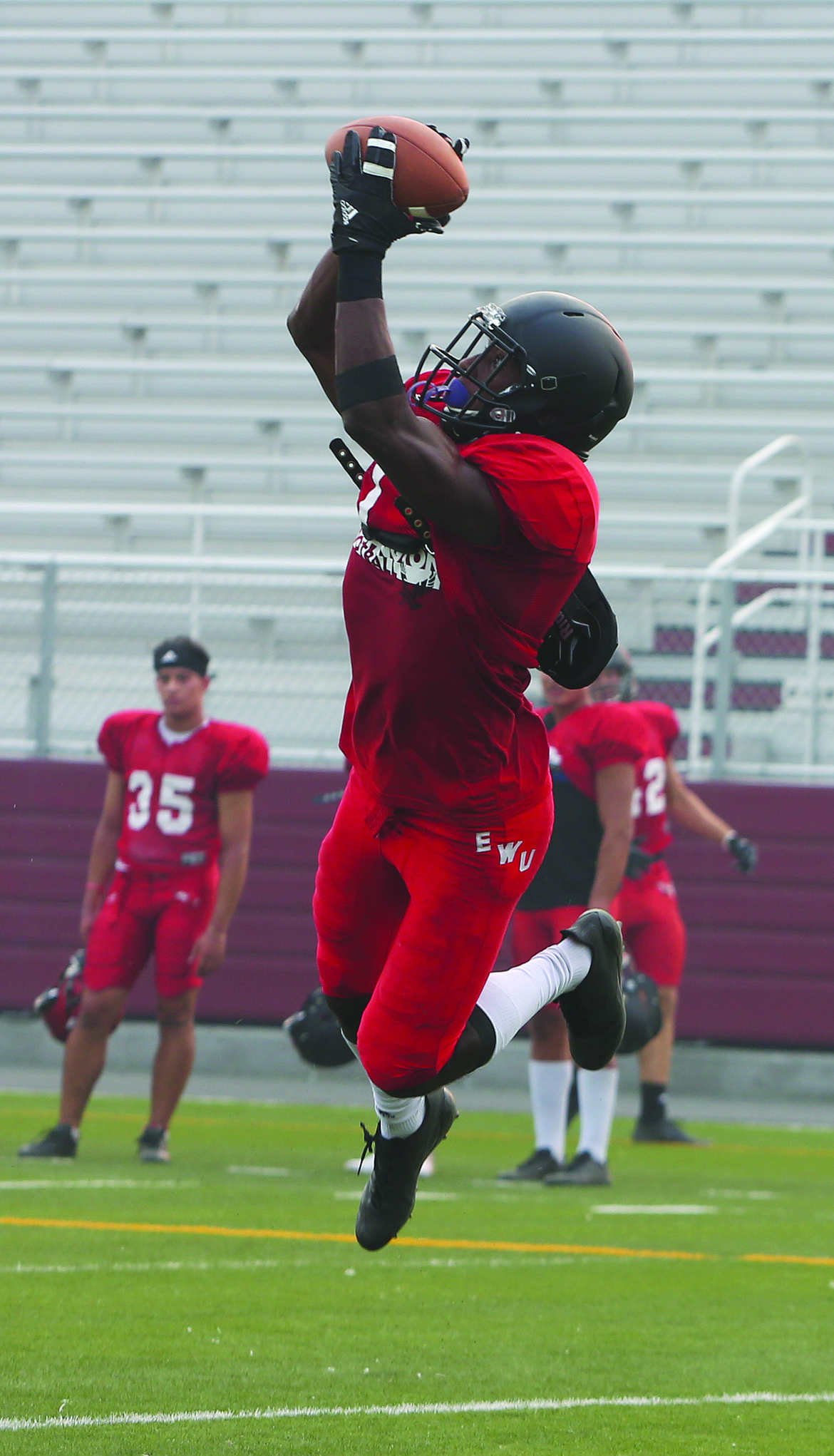 Connor Vanderweyst/Columbia Basin Herald
Due to poor air quality in the Spokane area, Eastern Washington University football practiced at Lions Field on Wednesday.
