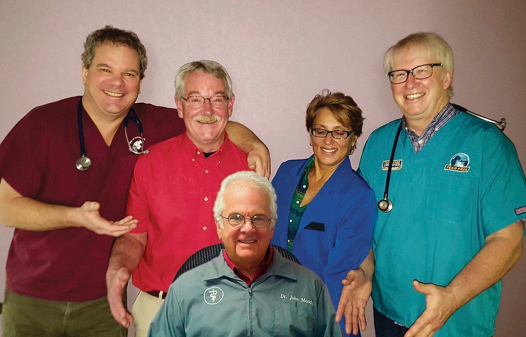 (Courtesy image)
Drs. Robert Pierce, Ken Hallock, Dawn Mehra, and Marty Becker; are pictured with Dr. John Moody. It was announced Friday that Dr. Moody will be merging Bonner Animal Hospital with North Idaho Animal Hospital on Tuesday, Sept. 5.