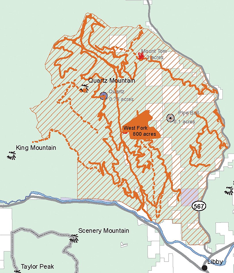 This Forest Service map, released Saturday, shows closed Forest Service trails (dashed lines) and closed Forest Service roads (solid lines).